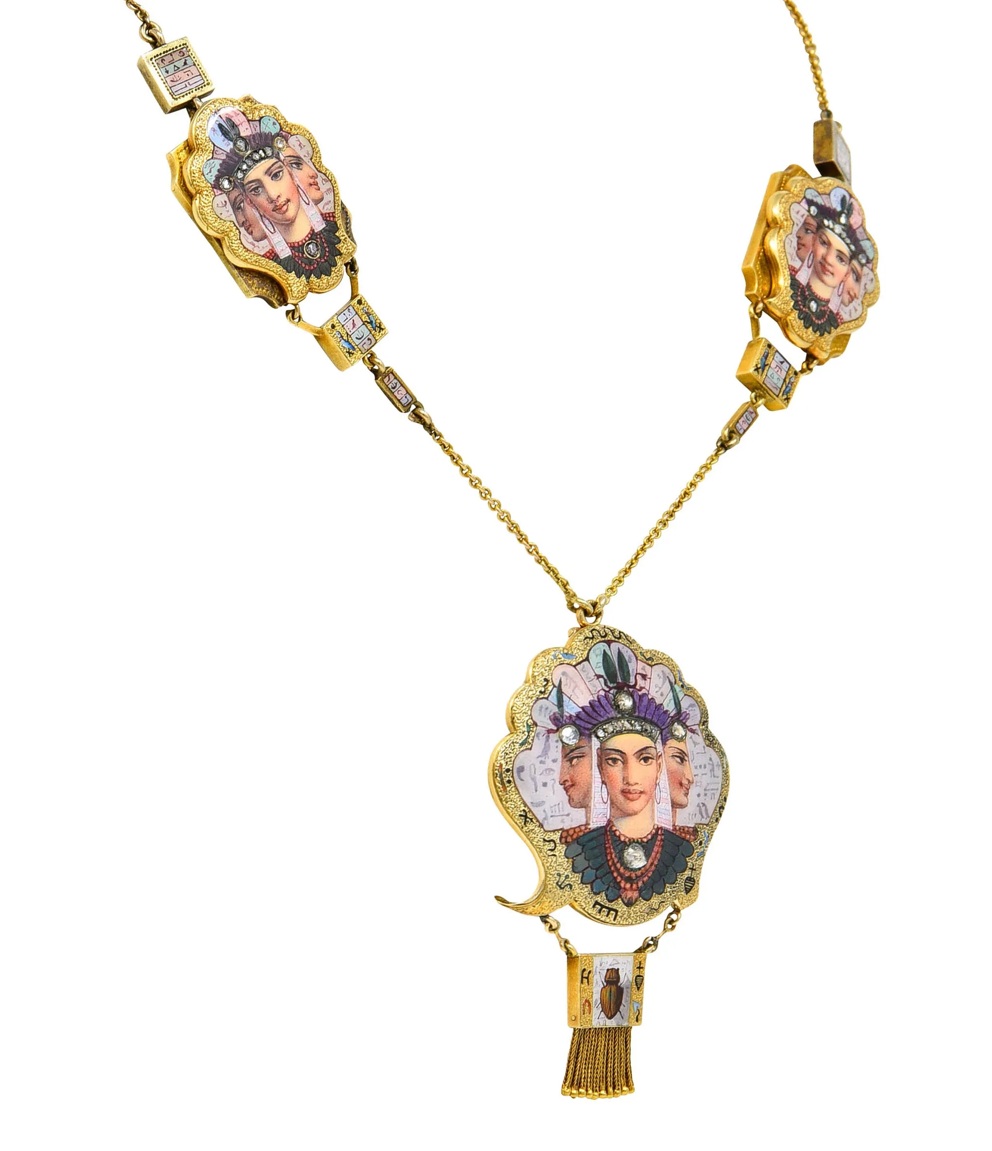 1870's Egyptian Revival Enamel Rose Cut Diamond 18 Karat Gold Goddess Victorian Swag Necklace