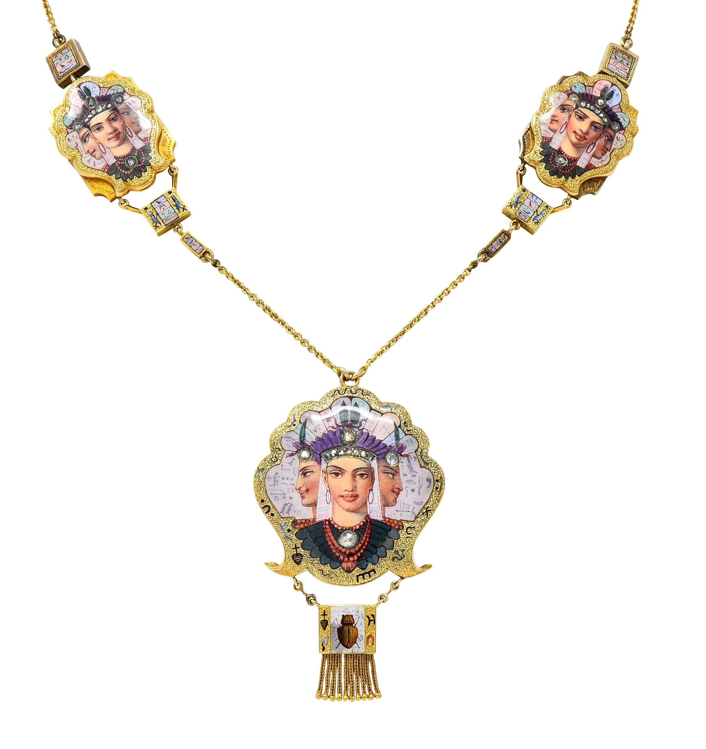 1870's Egyptian Revival Enamel Rose Cut Diamond 18 Karat Gold Goddess Victorian Swag Necklace