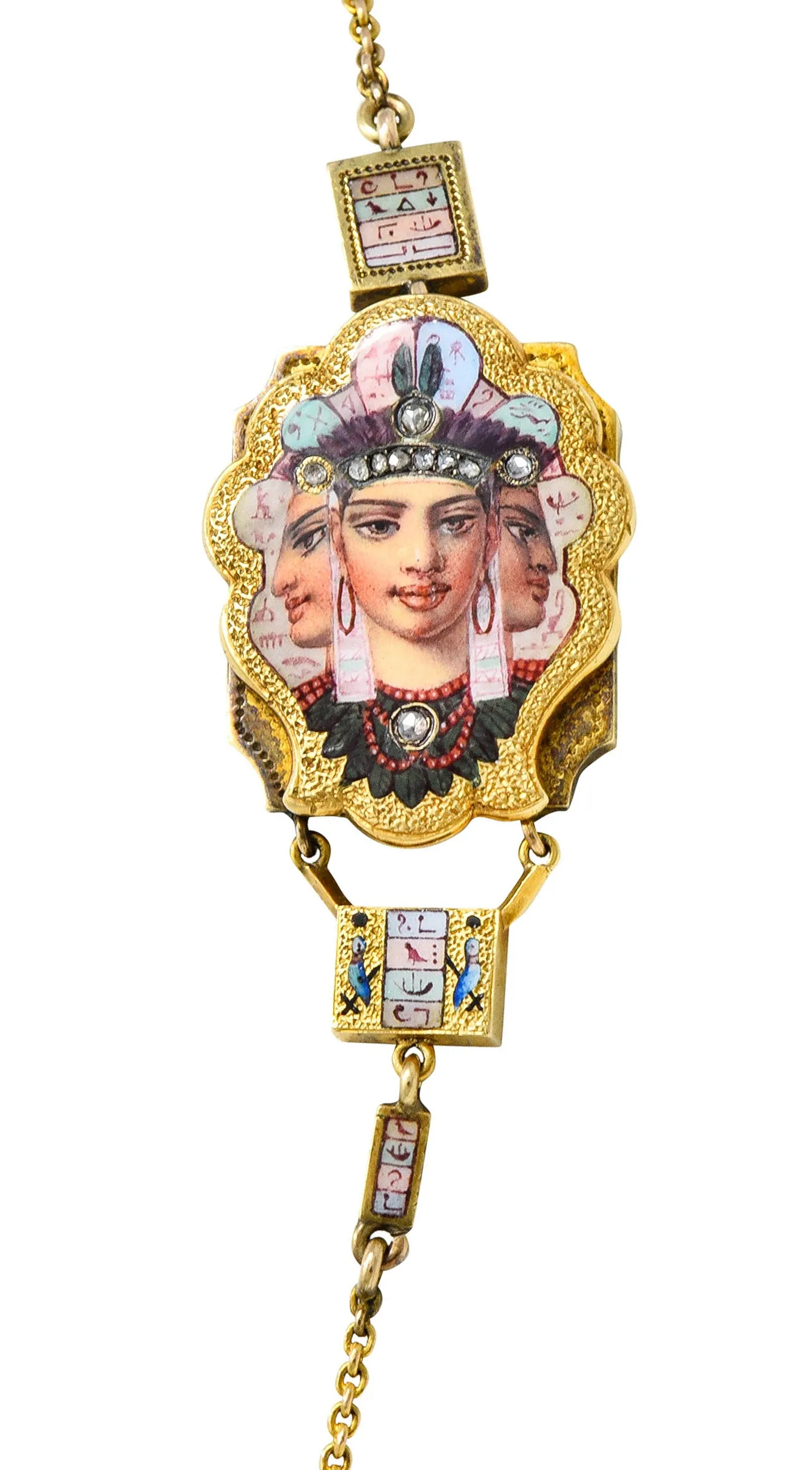 1870's Egyptian Revival Enamel Rose Cut Diamond 18 Karat Gold Goddess Victorian Swag Necklace