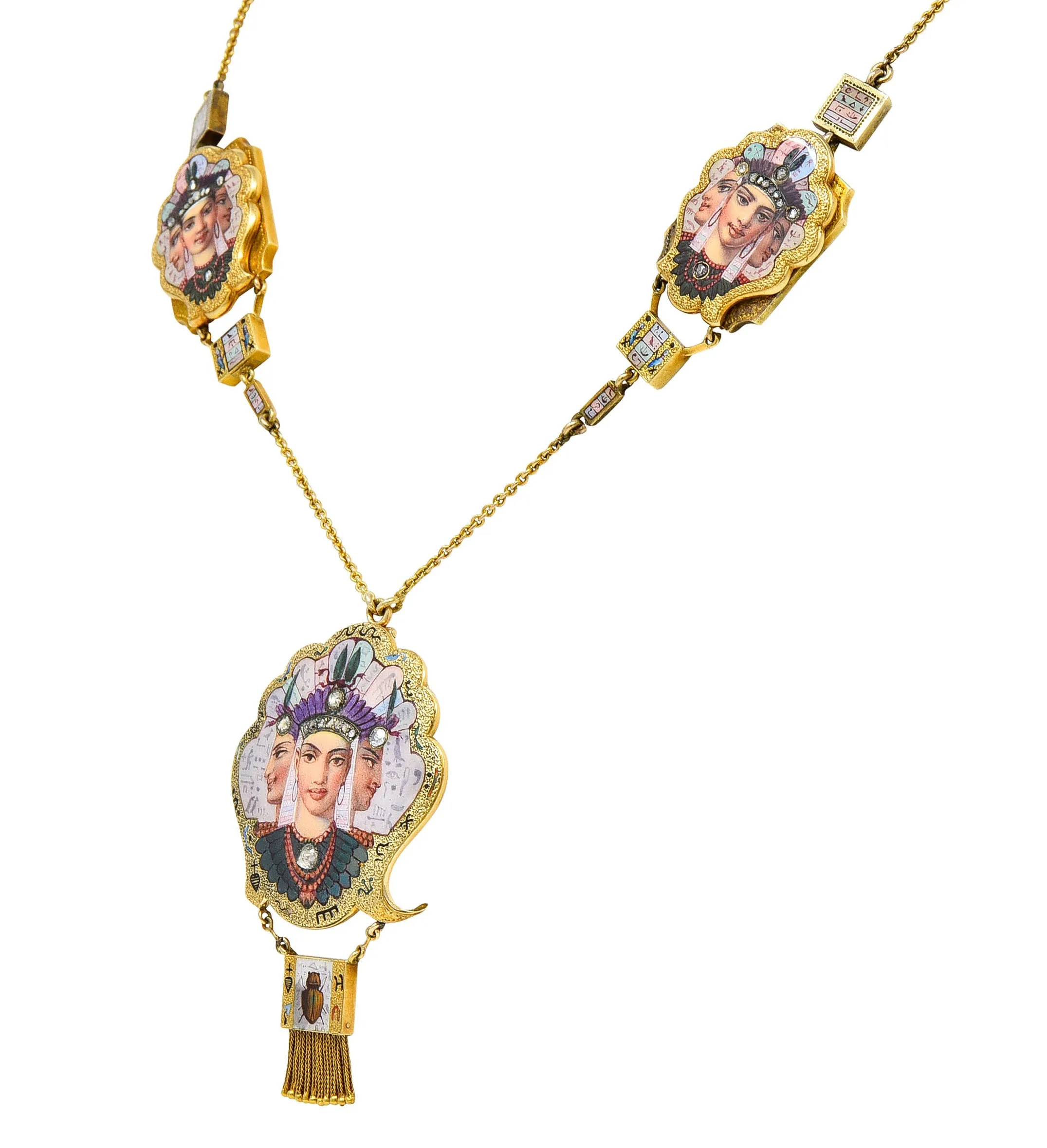 1870's Egyptian Revival Enamel Rose Cut Diamond 18 Karat Gold Goddess Victorian Swag Necklace