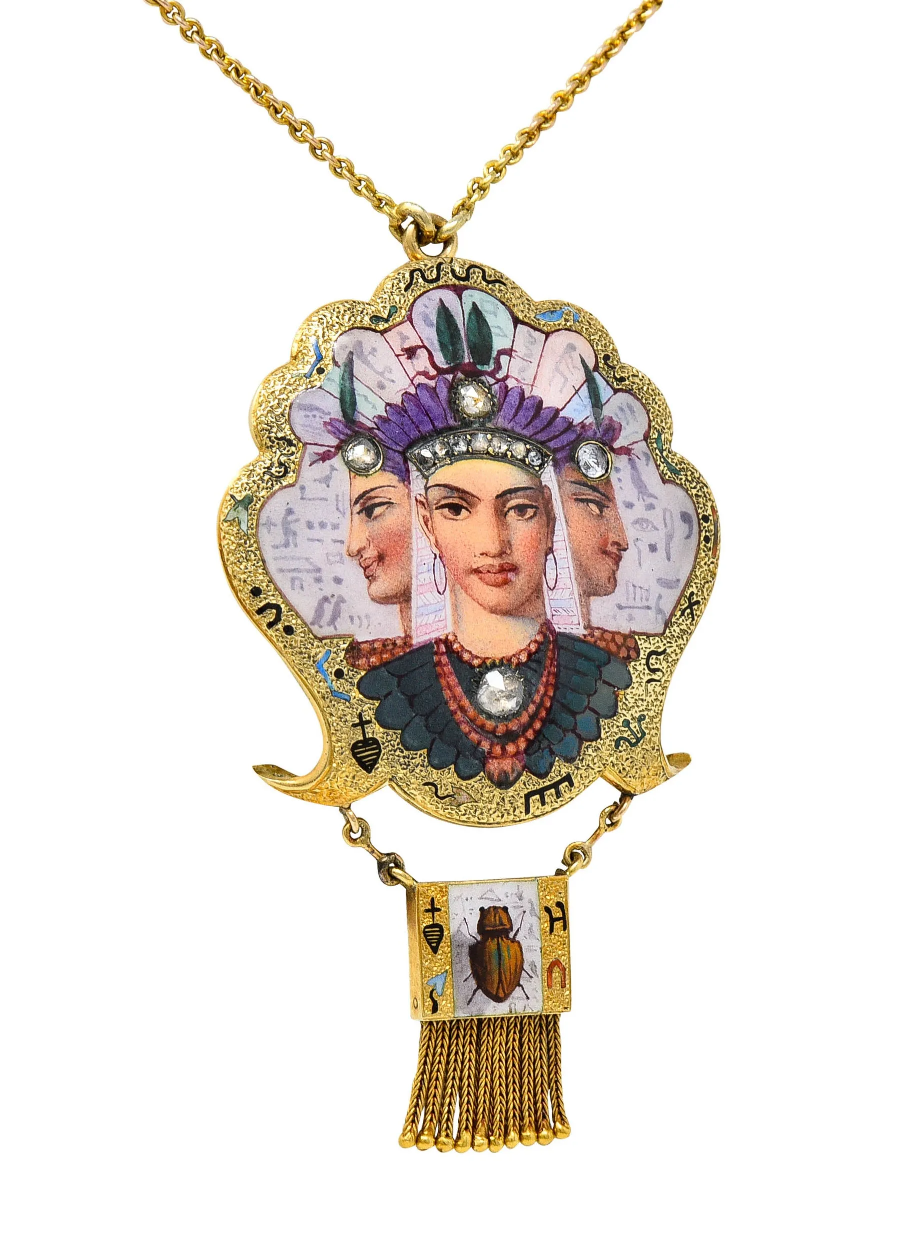 1870's Egyptian Revival Enamel Rose Cut Diamond 18 Karat Gold Goddess Victorian Swag Necklace