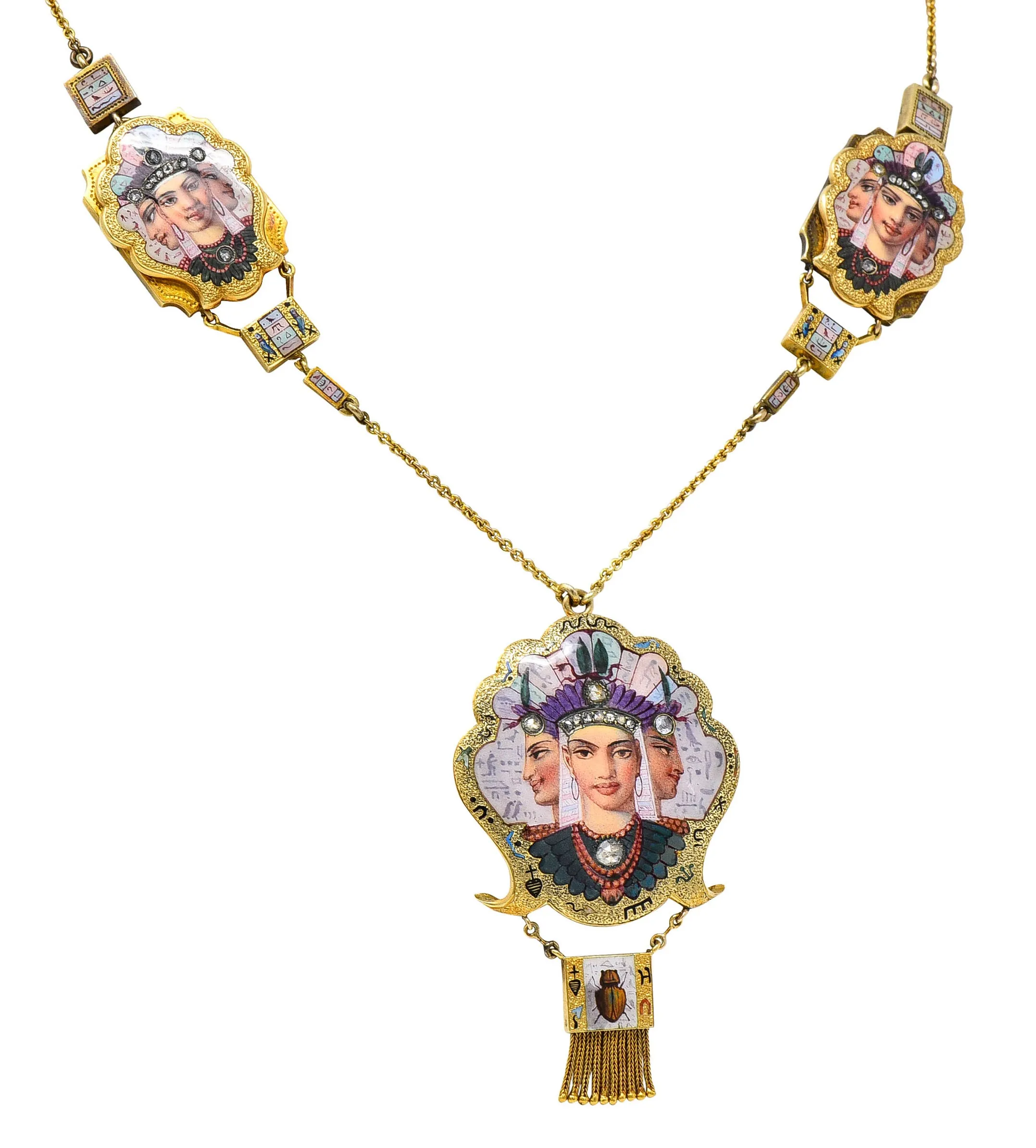 1870's Egyptian Revival Enamel Rose Cut Diamond 18 Karat Gold Goddess Victorian Swag Necklace