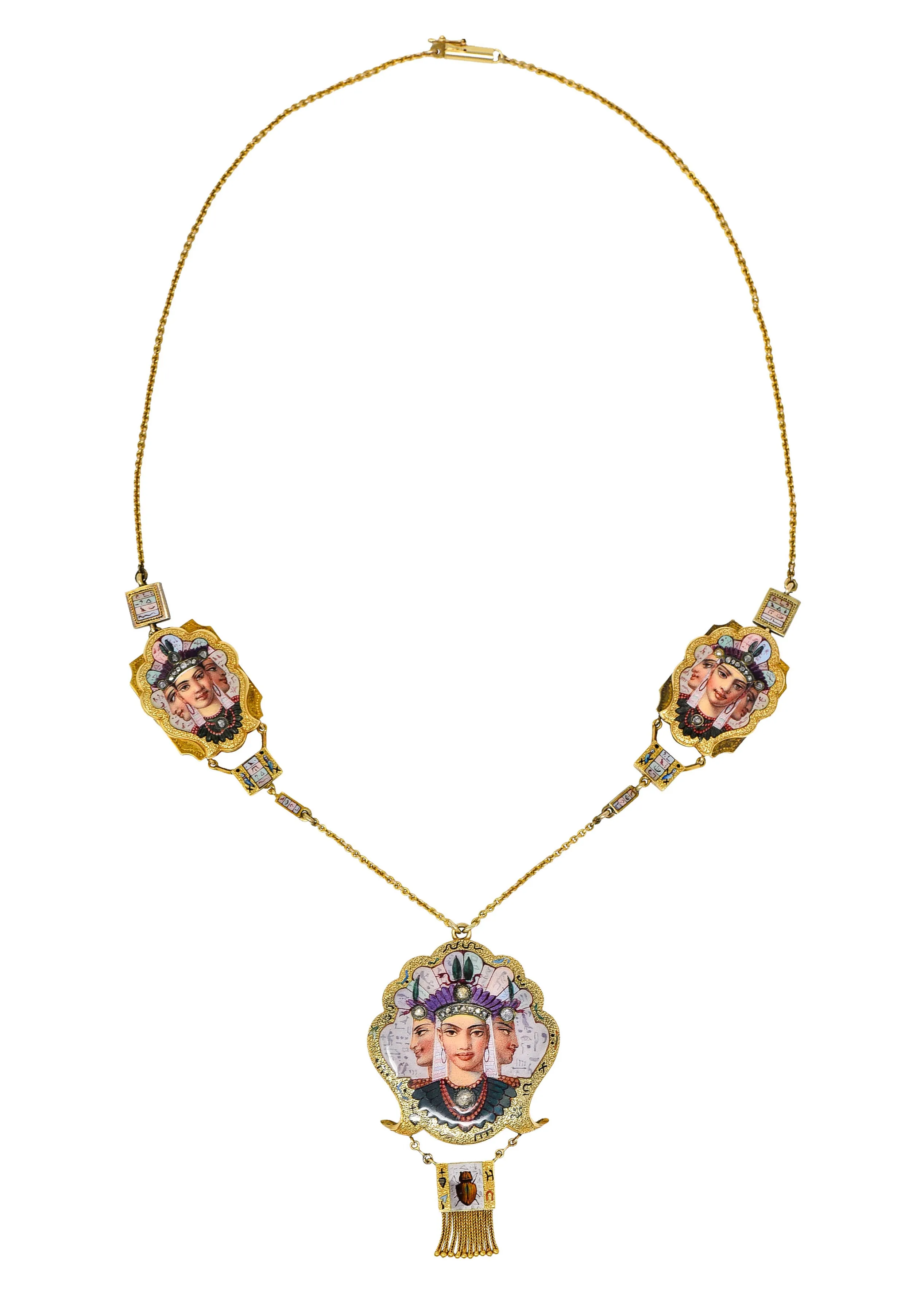 1870's Egyptian Revival Enamel Rose Cut Diamond 18 Karat Gold Goddess Victorian Swag Necklace