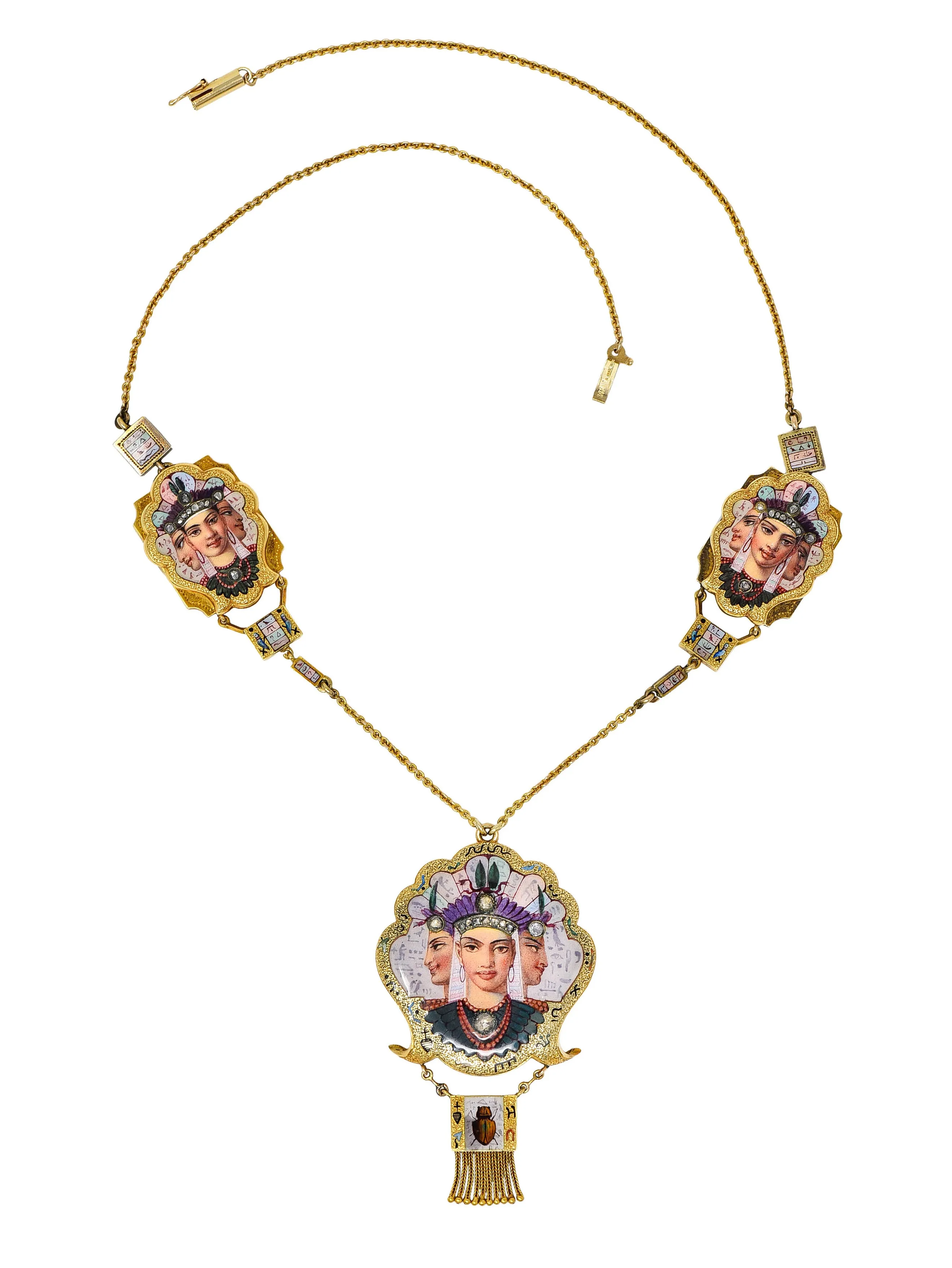 1870's Egyptian Revival Enamel Rose Cut Diamond 18 Karat Gold Goddess Victorian Swag Necklace