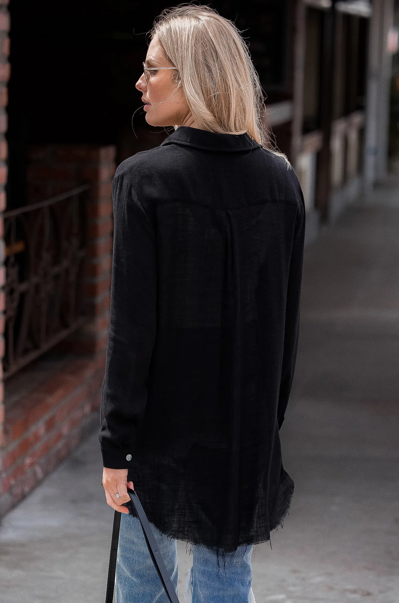 Black Priscilla Pocket Linen Relaxed Collard Blouse