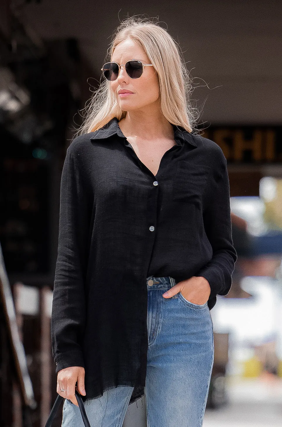 Black Priscilla Pocket Linen Relaxed Collard Blouse