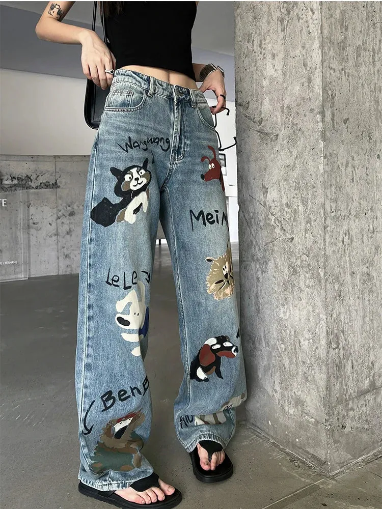 Blue High Waist Graffiti Streetwear Wide Leg Chic Baggy Denim Jeans