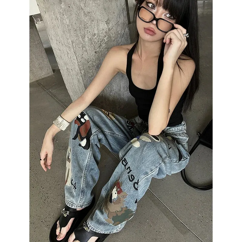 Blue High Waist Graffiti Streetwear Wide Leg Chic Baggy Denim Jeans