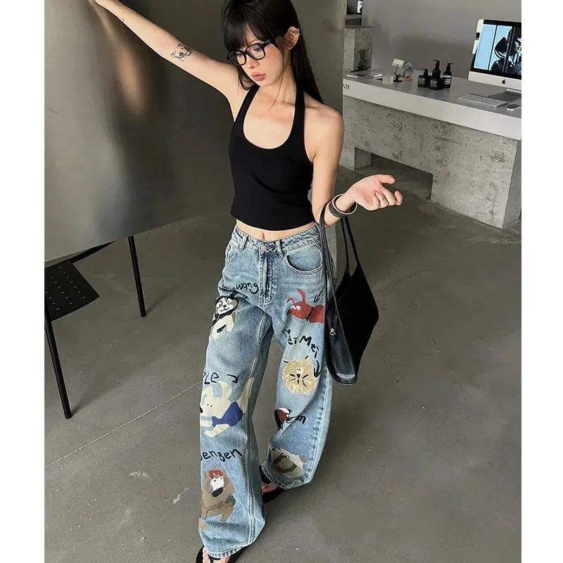 Blue High Waist Graffiti Streetwear Wide Leg Chic Baggy Denim Jeans