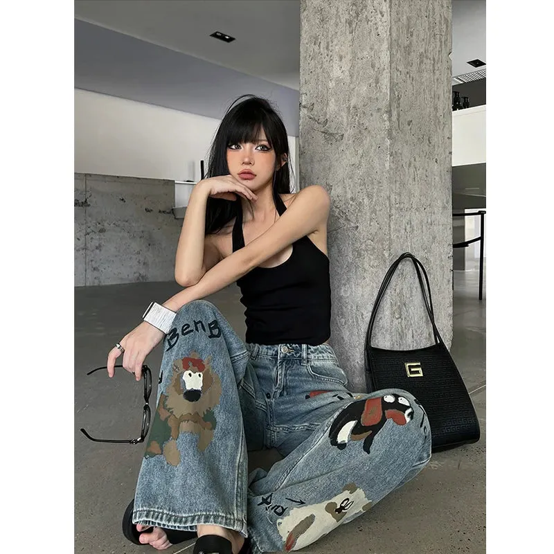 Blue High Waist Graffiti Streetwear Wide Leg Chic Baggy Denim Jeans