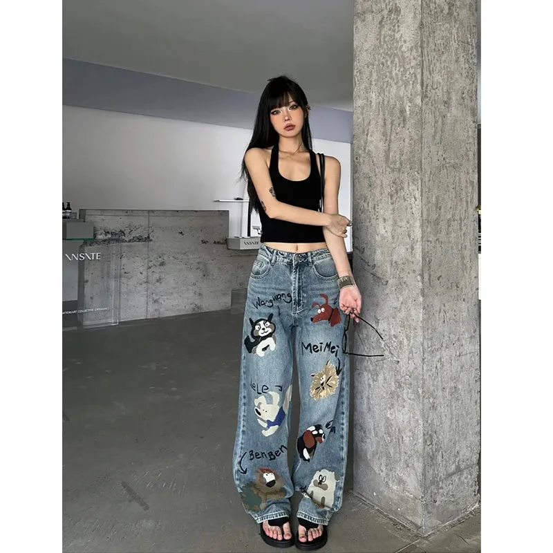 Blue High Waist Graffiti Streetwear Wide Leg Chic Baggy Denim Jeans