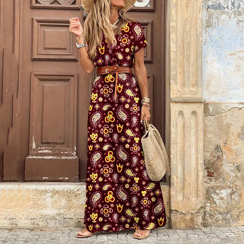 Boho Dress With Belt, Bohemian Maxi Summer Dress For Women