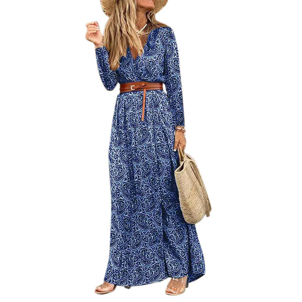 Boho Dress With Belt, Bohemian Maxi Summer Dress For Women