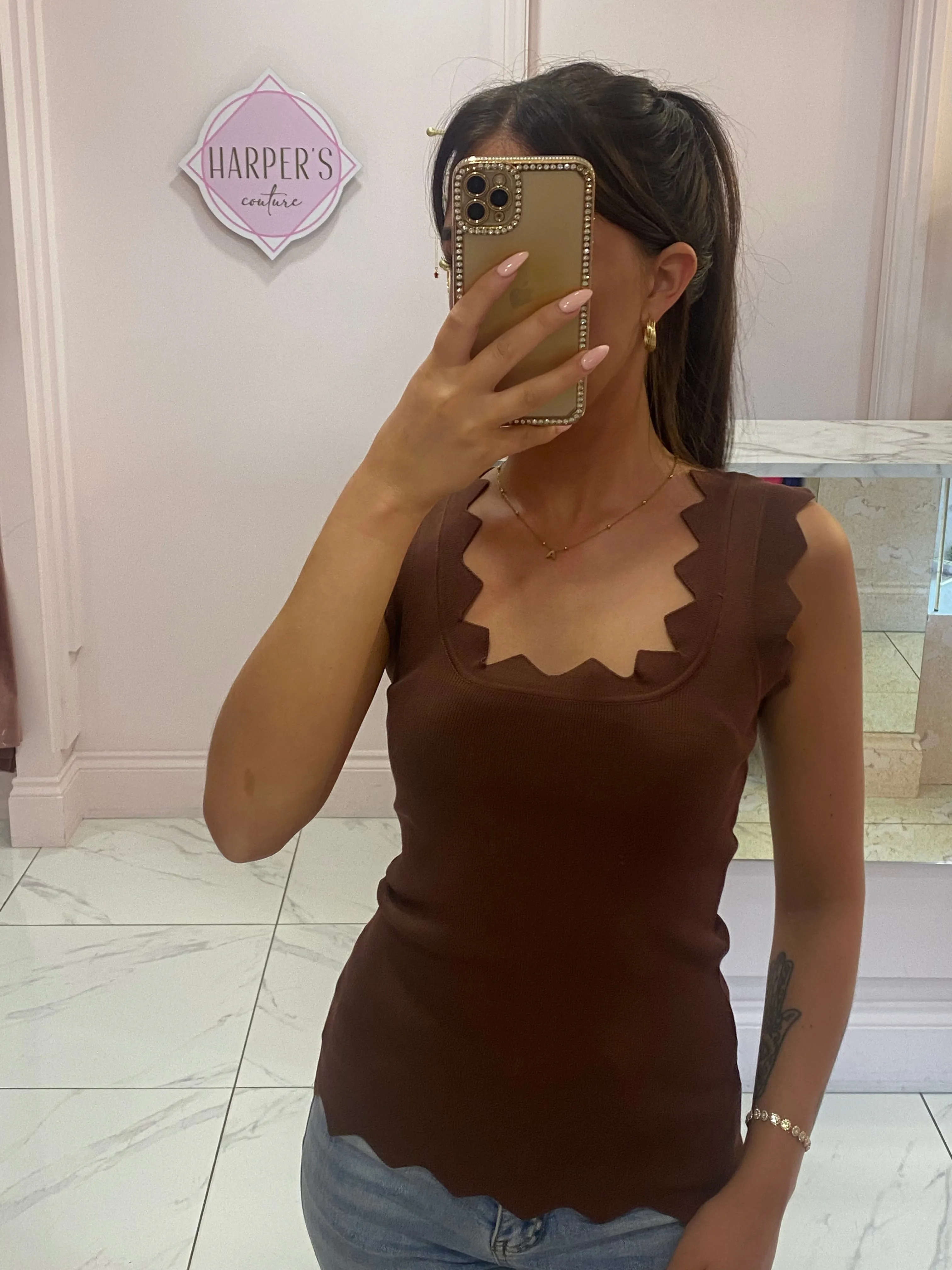 Bront? Chocolate Brown Scallop Edge Fine Knit Top