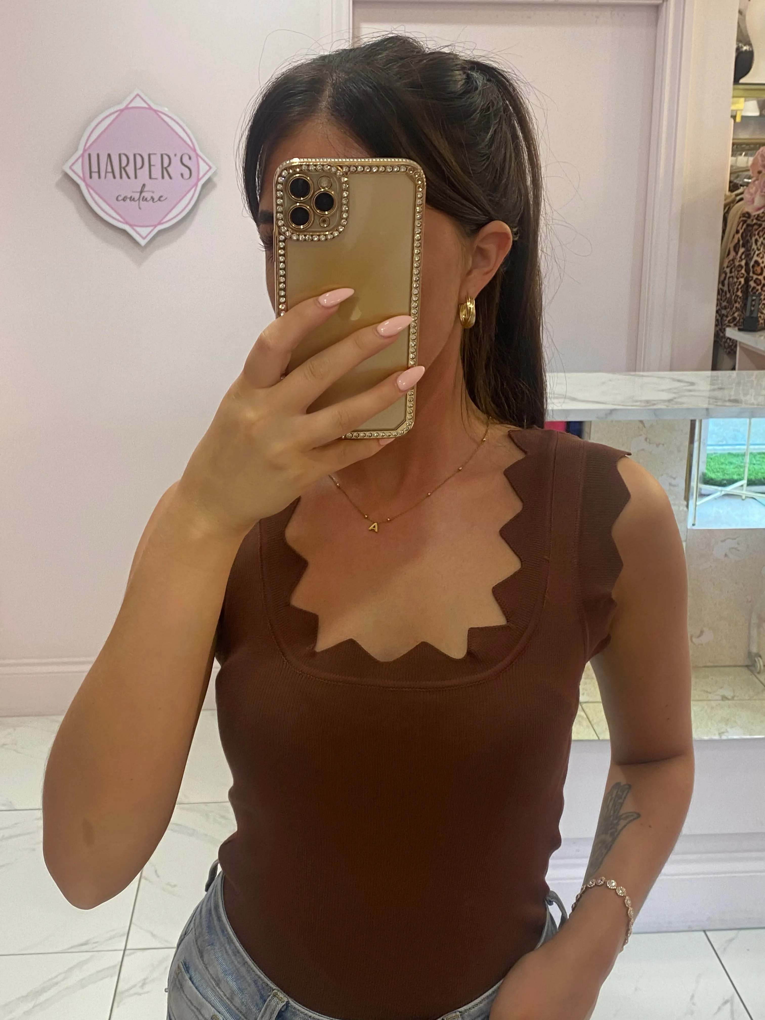 Bront? Chocolate Brown Scallop Edge Fine Knit Top