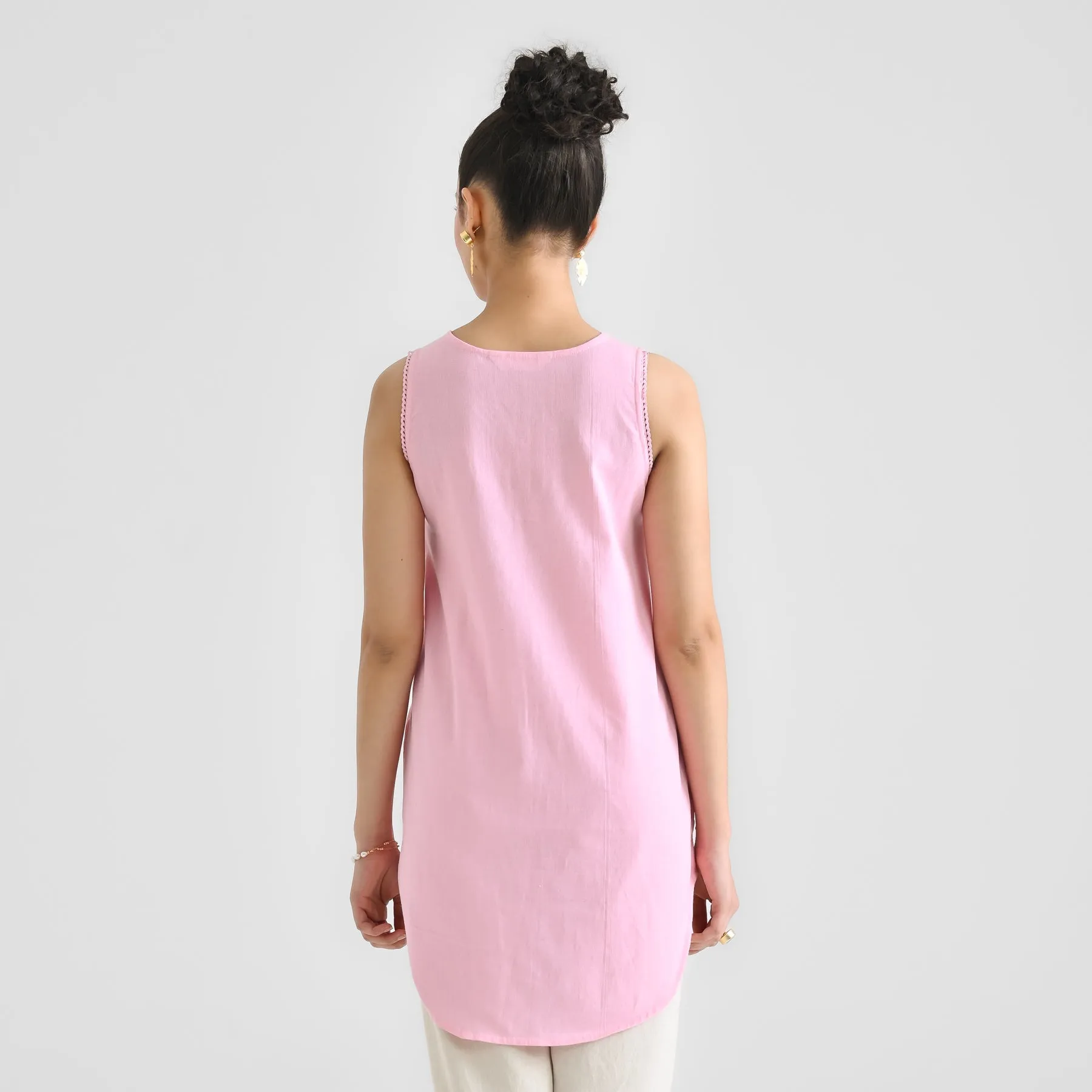 Candy Pink Linen Cotton Sleeveless Tunic with Lace Detail