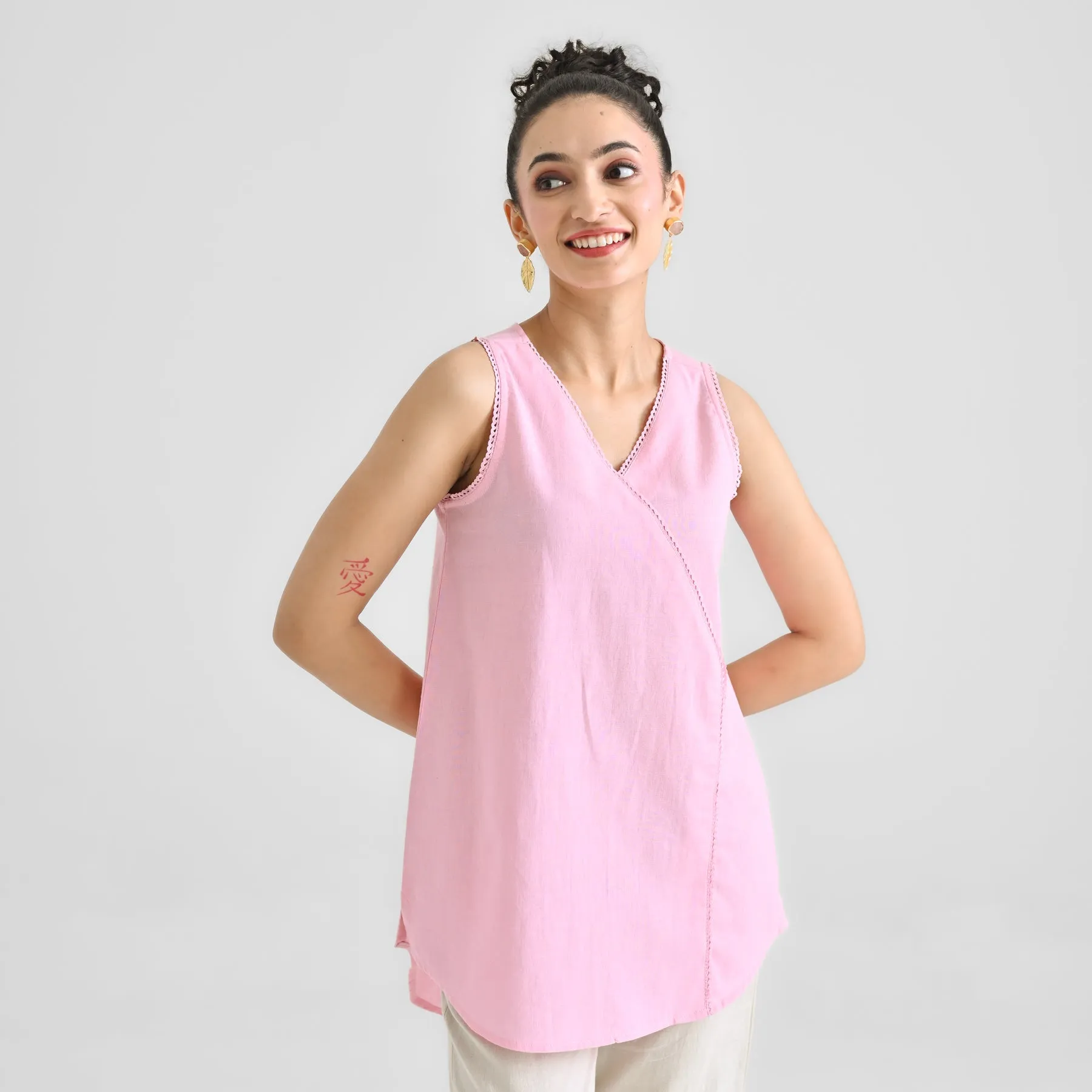 Candy Pink Linen Cotton Sleeveless Tunic with Lace Detail