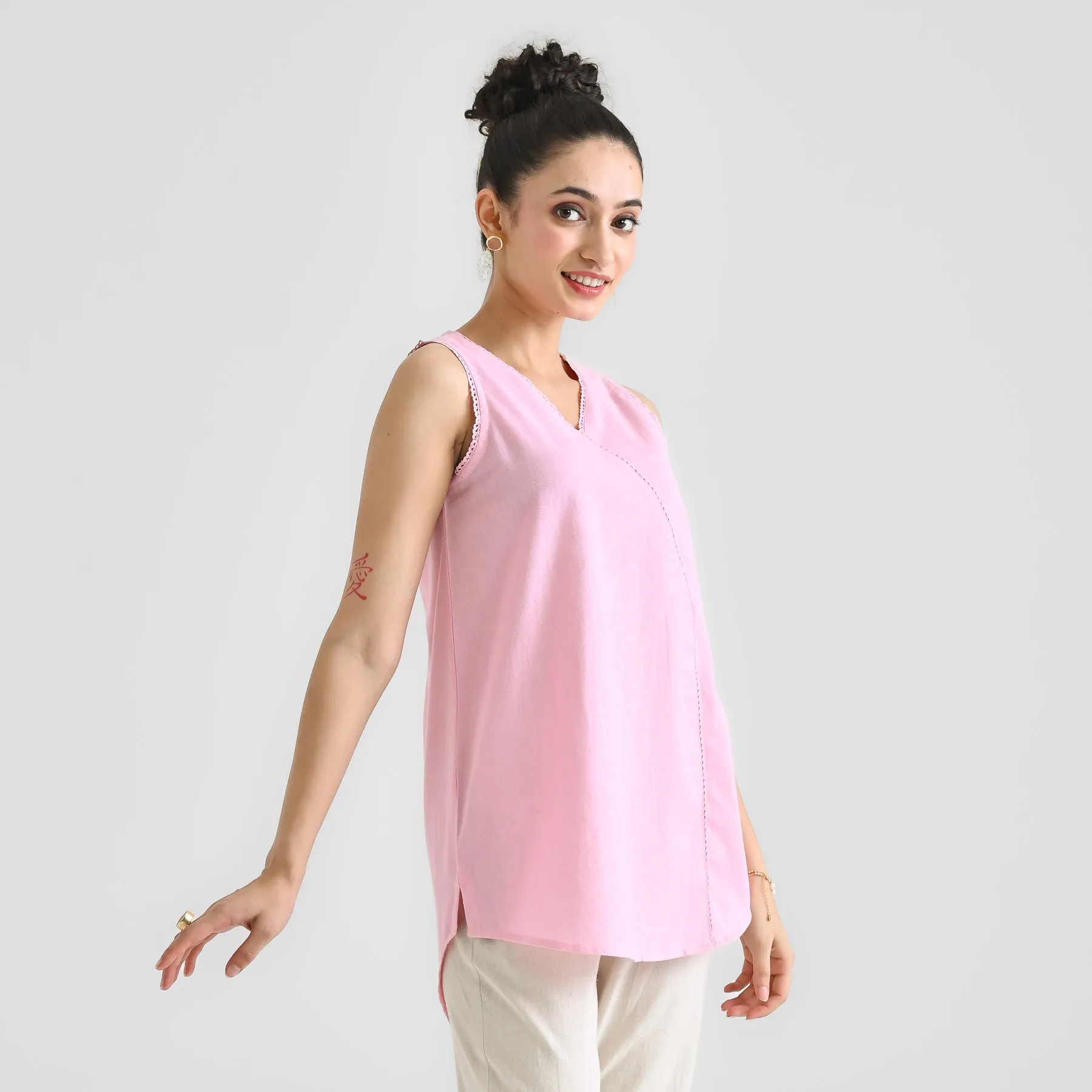 Candy Pink Linen Cotton Sleeveless Tunic with Lace Detail