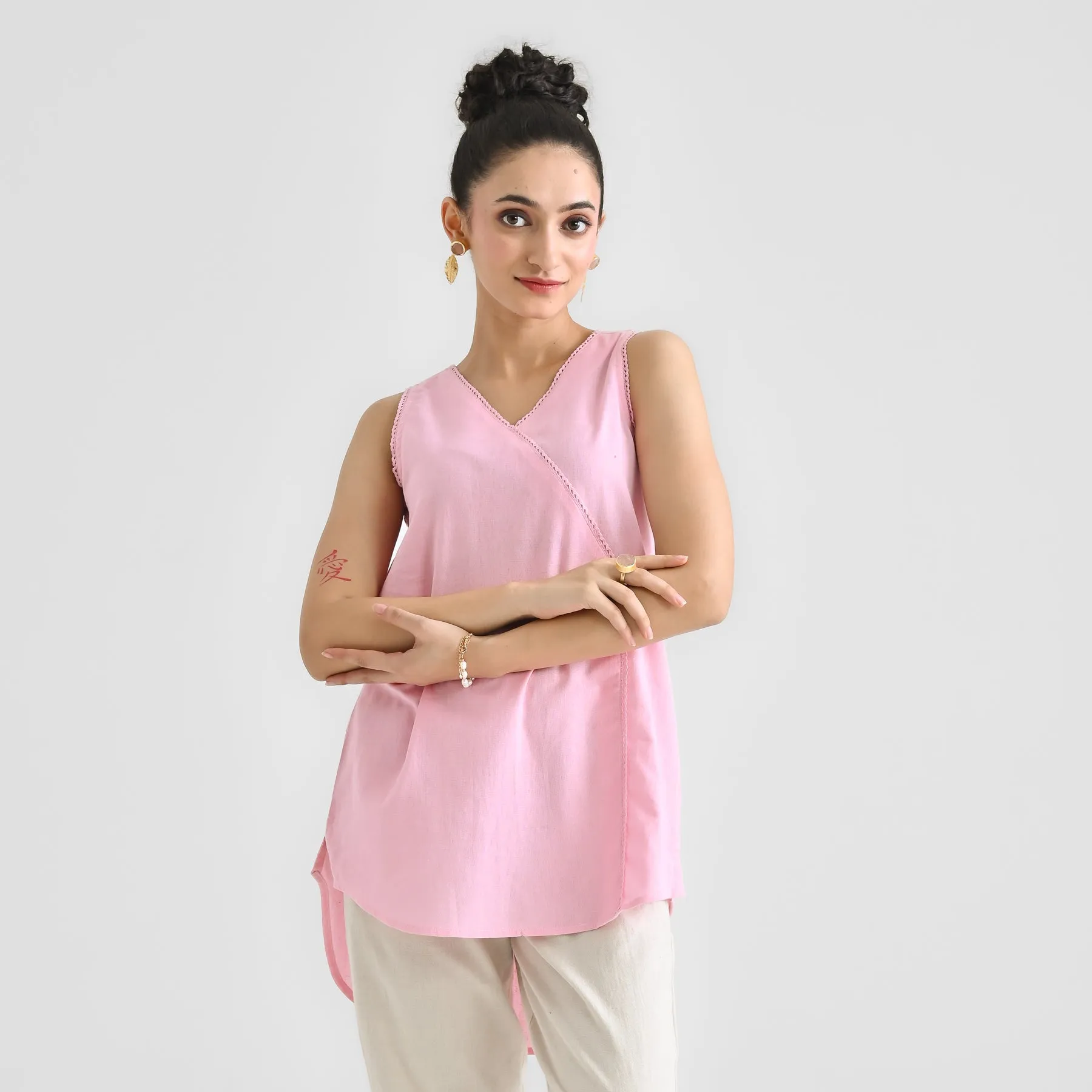 Candy Pink Linen Cotton Sleeveless Tunic with Lace Detail