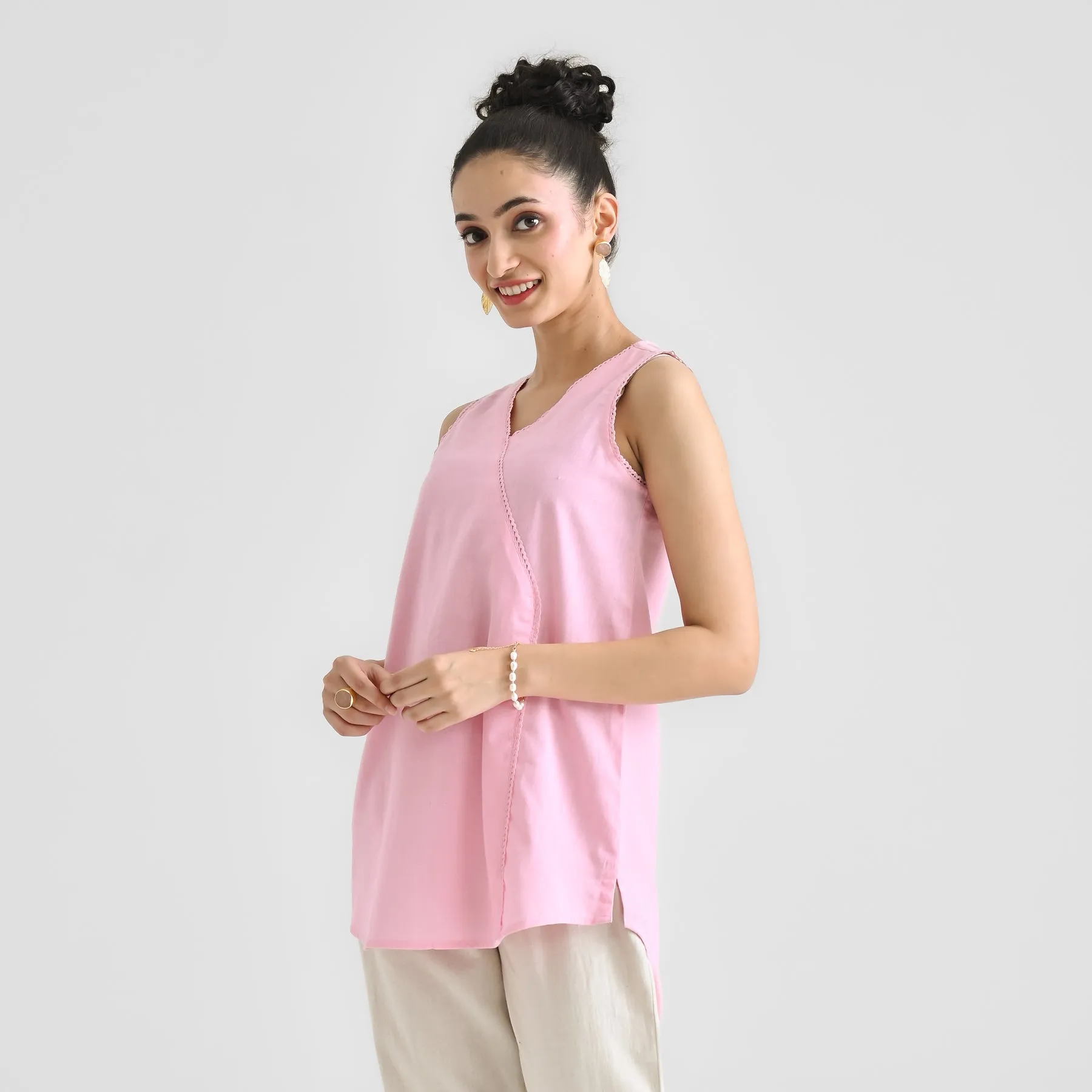 Candy Pink Linen Cotton Sleeveless Tunic with Lace Detail