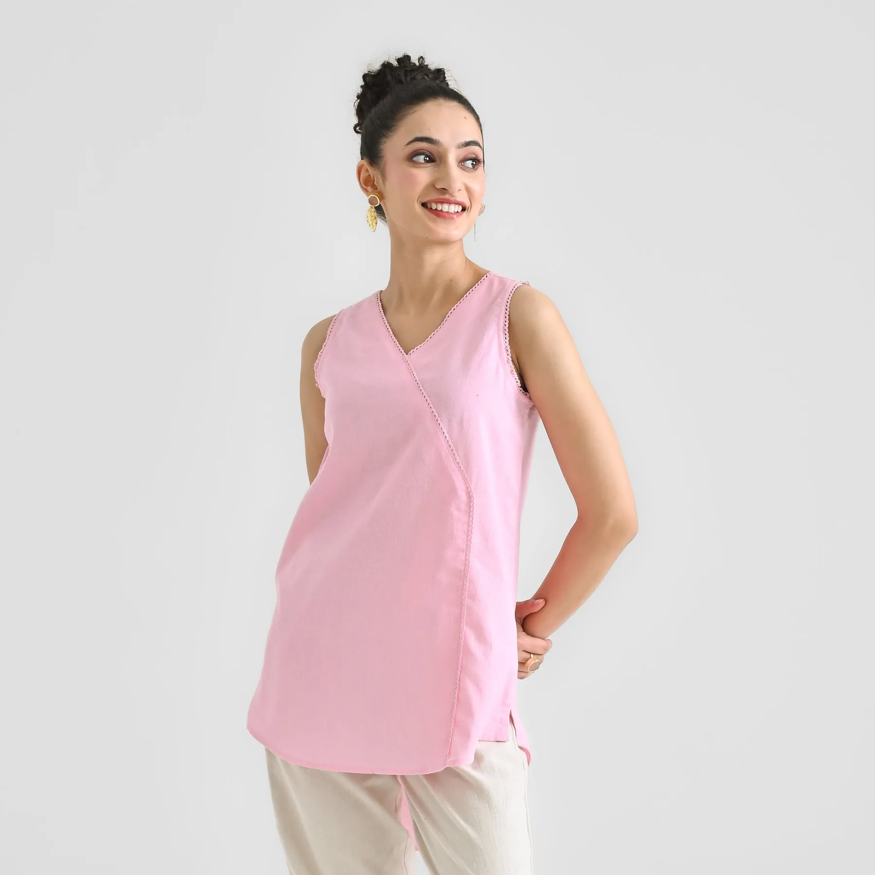 Candy Pink Linen Cotton Sleeveless Tunic with Lace Detail