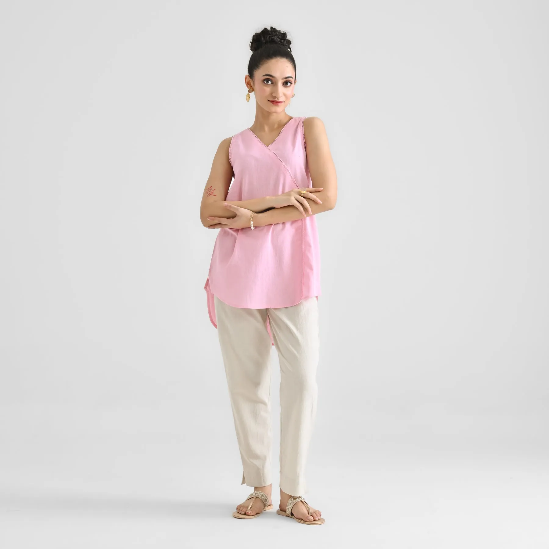 Candy Pink Linen Cotton Sleeveless Tunic with Lace Detail