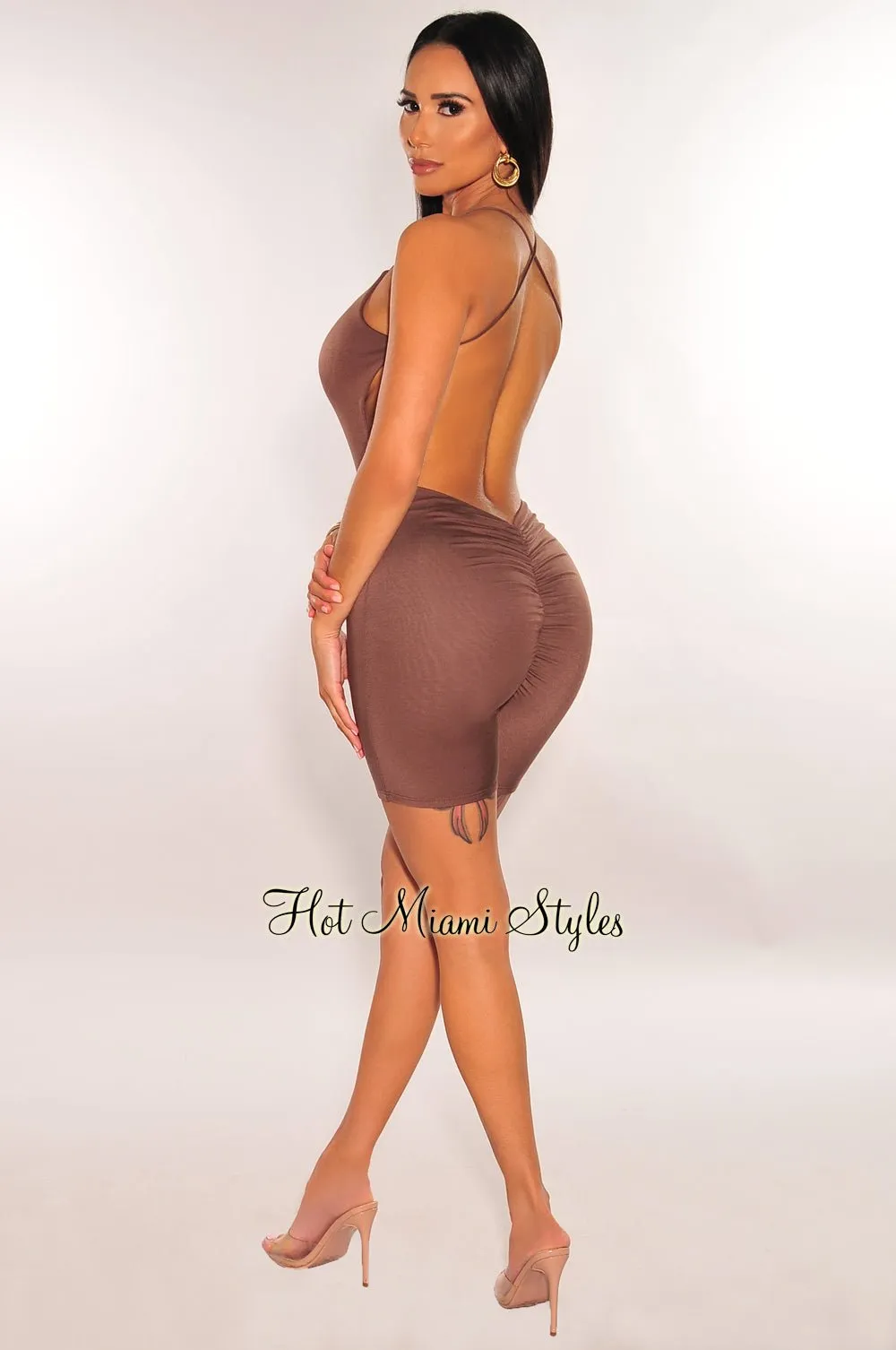 Chocolate Spaghetti Strap Open Back Criss Cross Scrunch Butt Romper