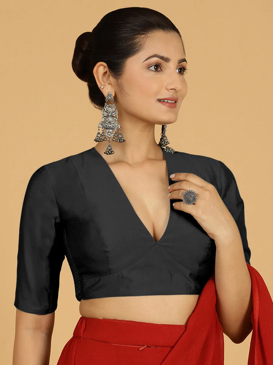 Damini x Rozaana | Raven Black Elbow Sleeves V-Neck Saree Blouse