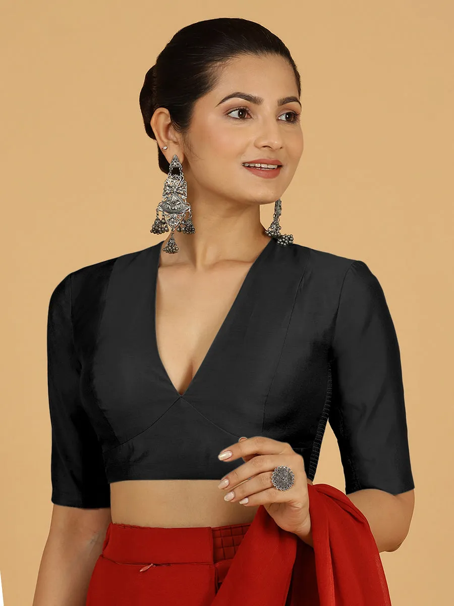 Damini x Rozaana | Raven Black Elbow Sleeves V-Neck Saree Blouse