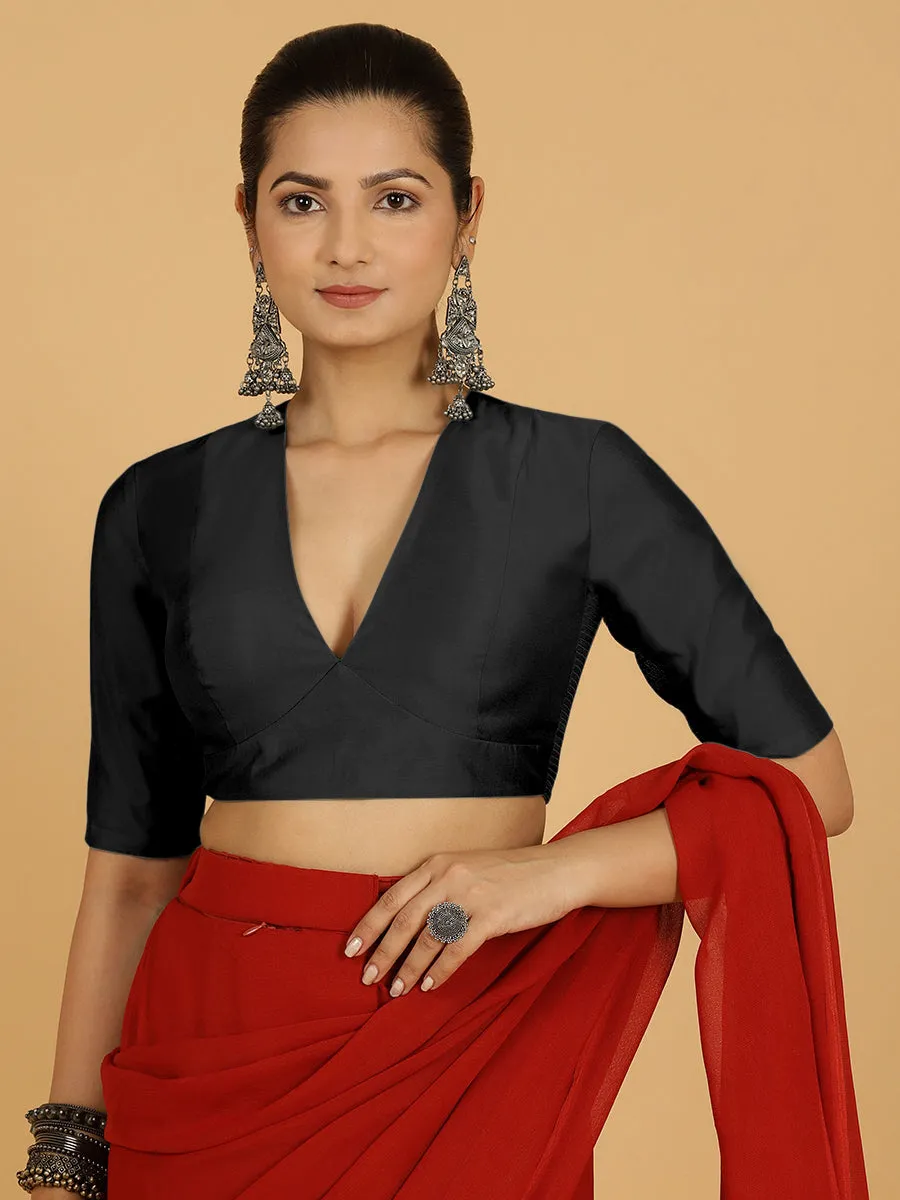 Damini x Rozaana | Raven Black Elbow Sleeves V-Neck Saree Blouse