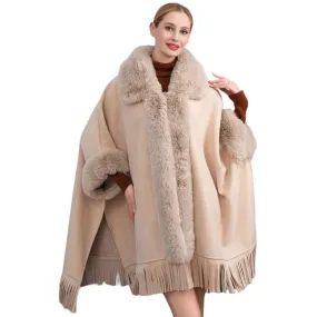 Faux Fur Trimmed Solid Fringe Ruana Poncho