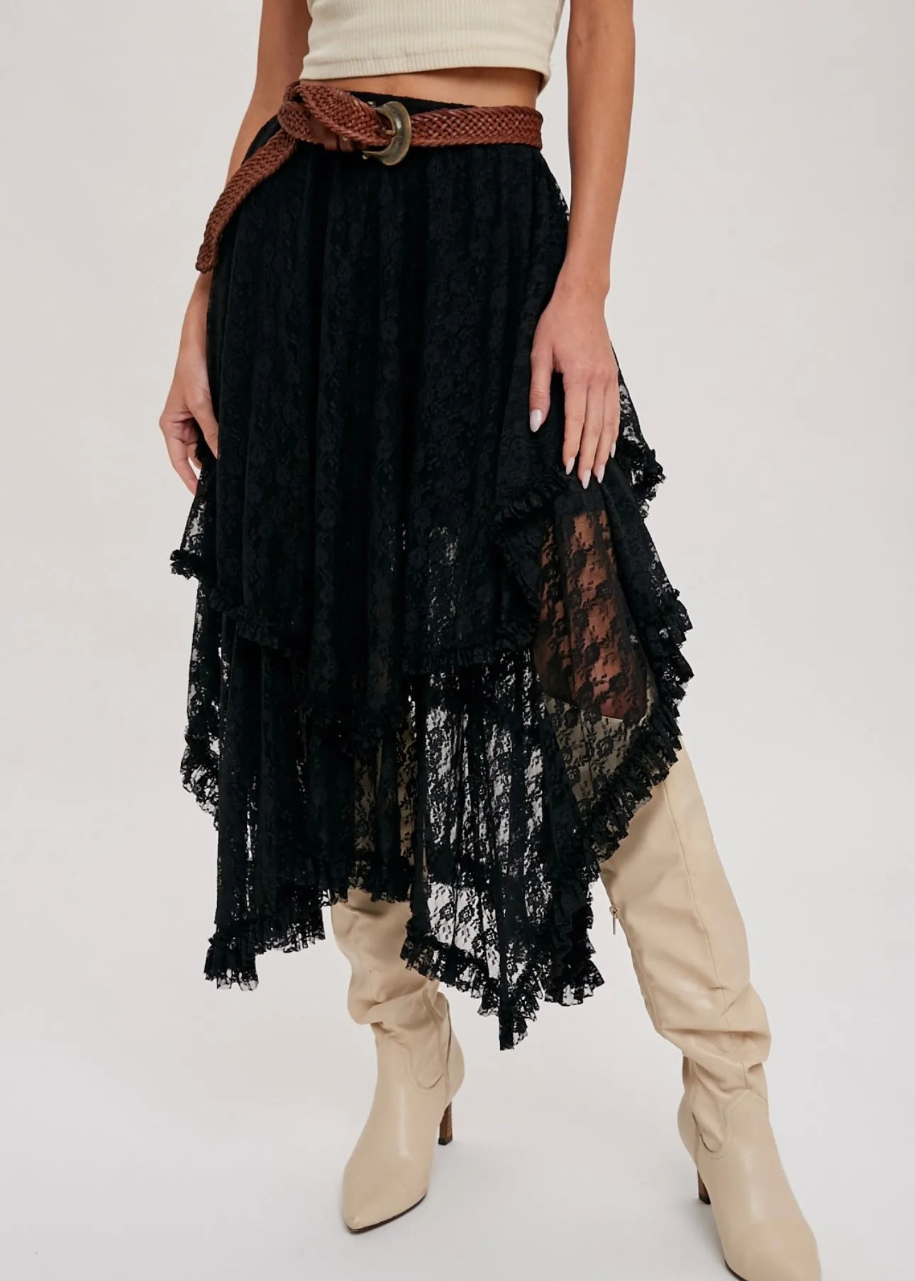 Floating in the Stars Tiered Lace Maxi Skirt in Black