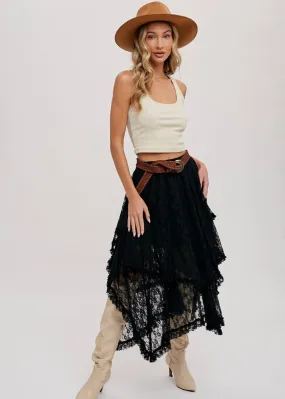 Floating in the Stars Tiered Lace Maxi Skirt in Black