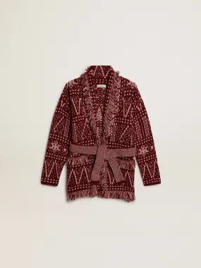 Girls’ belted cardigan with burgundy Fair Isle motif