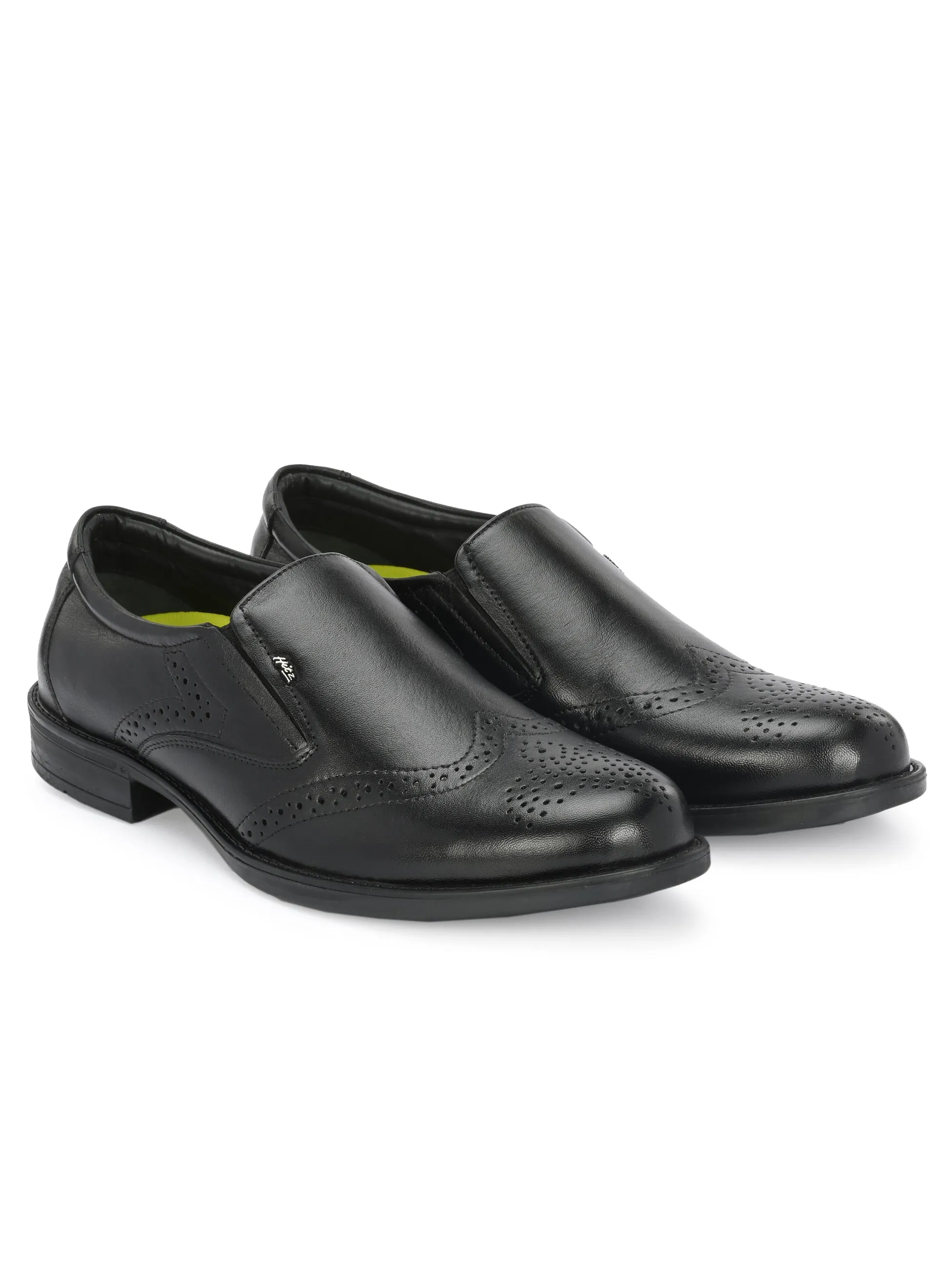 Hitz Men's Black Leather Slip On Formal Brogue Shoes