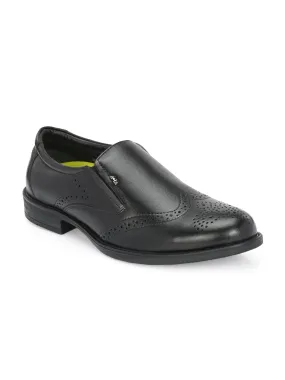 Hitz Men's Black Leather Slip On Formal Brogue Shoes