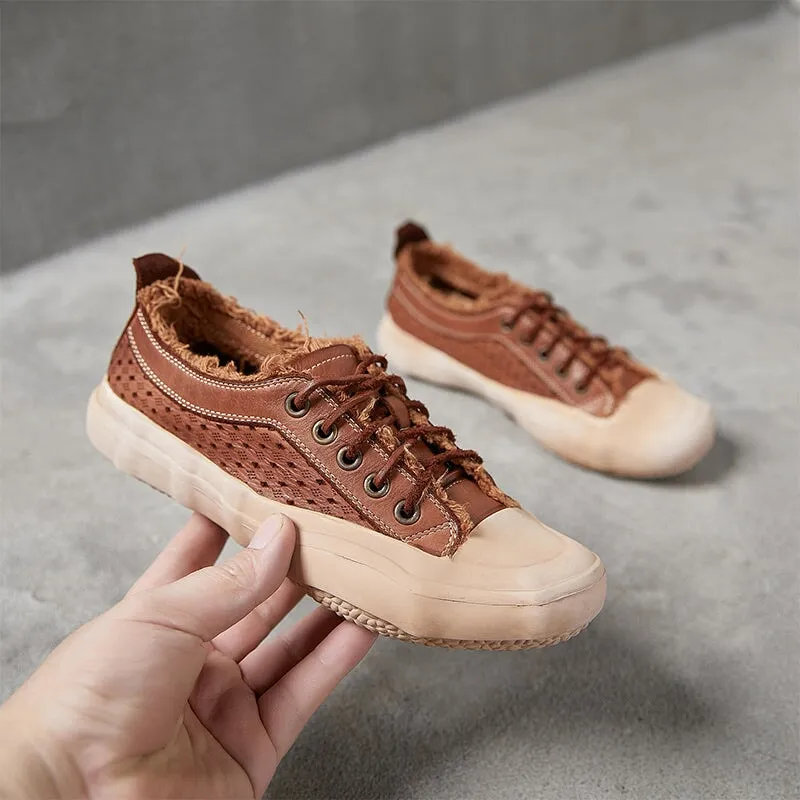 Leather Flatform Low-top Perforated Sneakers for Women Fringed Detail in Apricot/Coffee