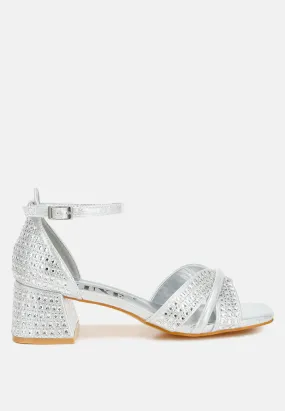 Low Block Heel Rhinestone Sandals by RUW