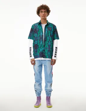 MARK FAST MEN OVERSIZED SHIRT WITH TEAL GREEN PSYCHEDELIC GRAFFITI PATTERN