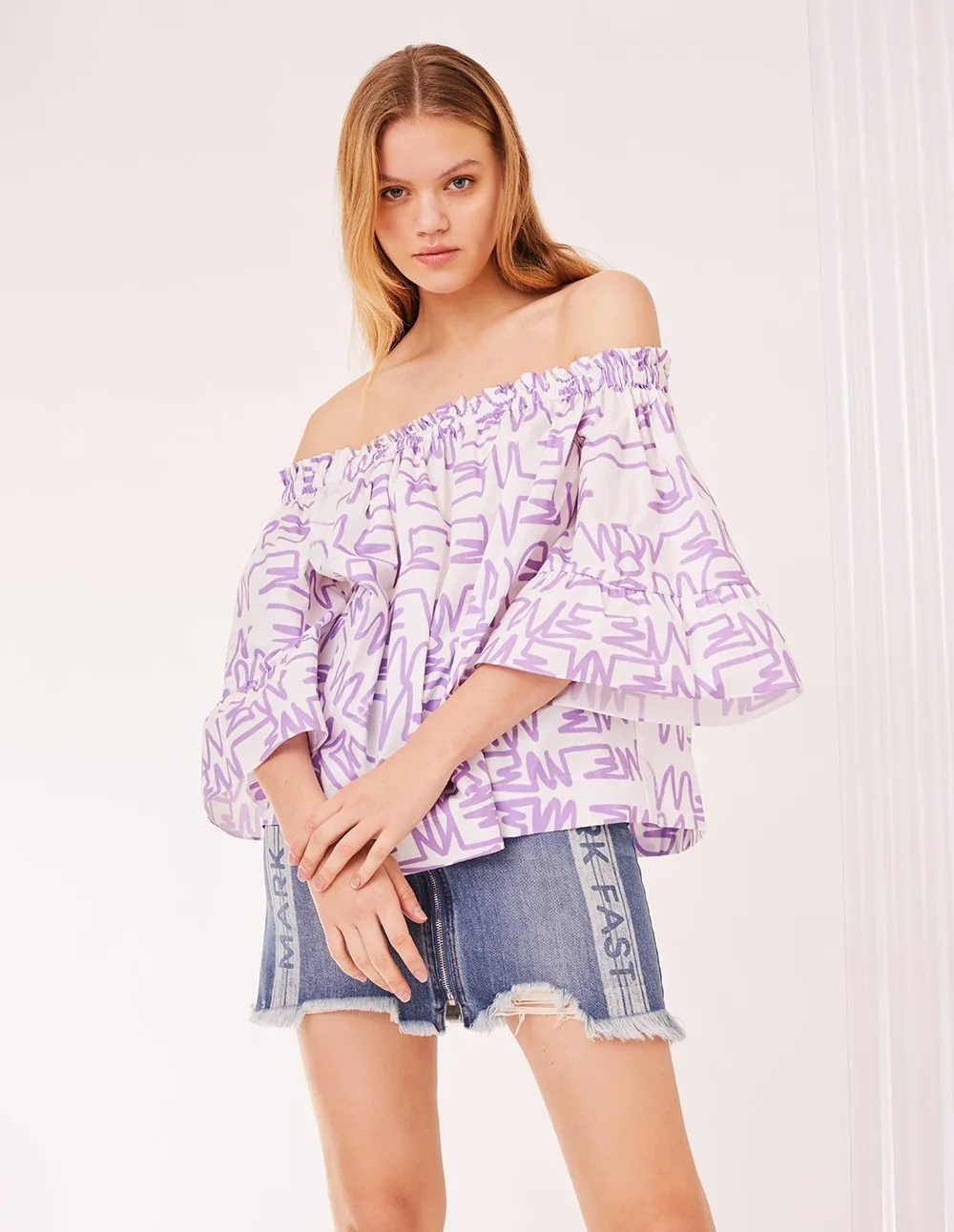 MARK FAST Women MF Graffiti Pattern Off-Shoulder Wide Sleeve Blouse