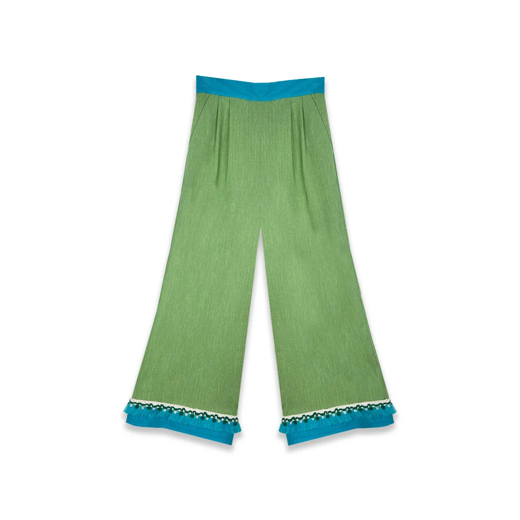 SAMPLE - BURU x Sarah Bray Bermuda Fringed Trousers  - Lime & Aqua