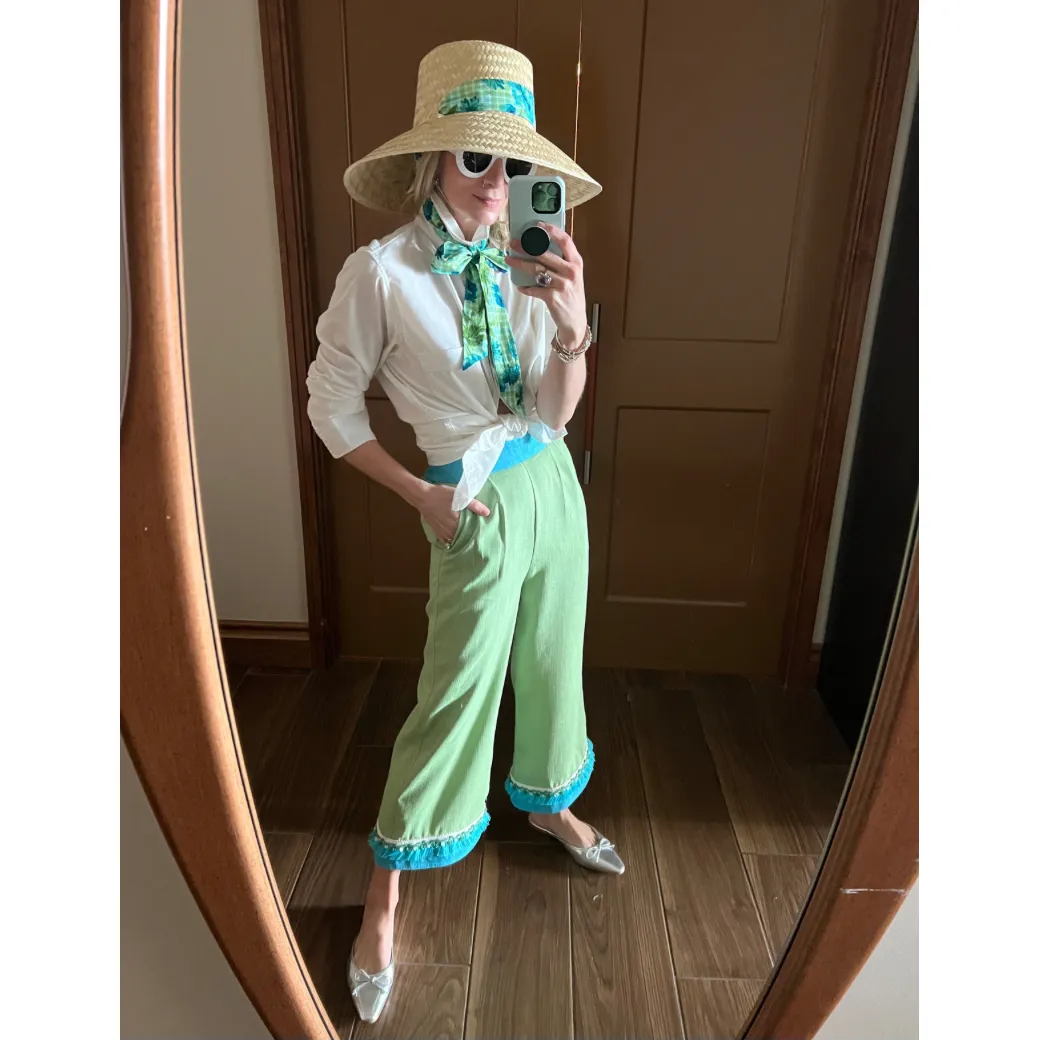 SAMPLE - BURU x Sarah Bray Bermuda Fringed Trousers  - Lime & Aqua