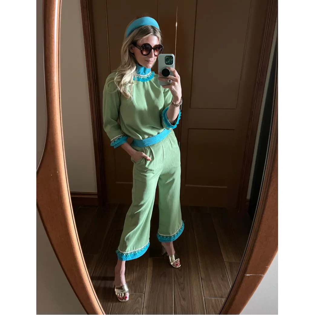 SAMPLE - BURU x Sarah Bray Bermuda Fringed Trousers  - Lime & Aqua