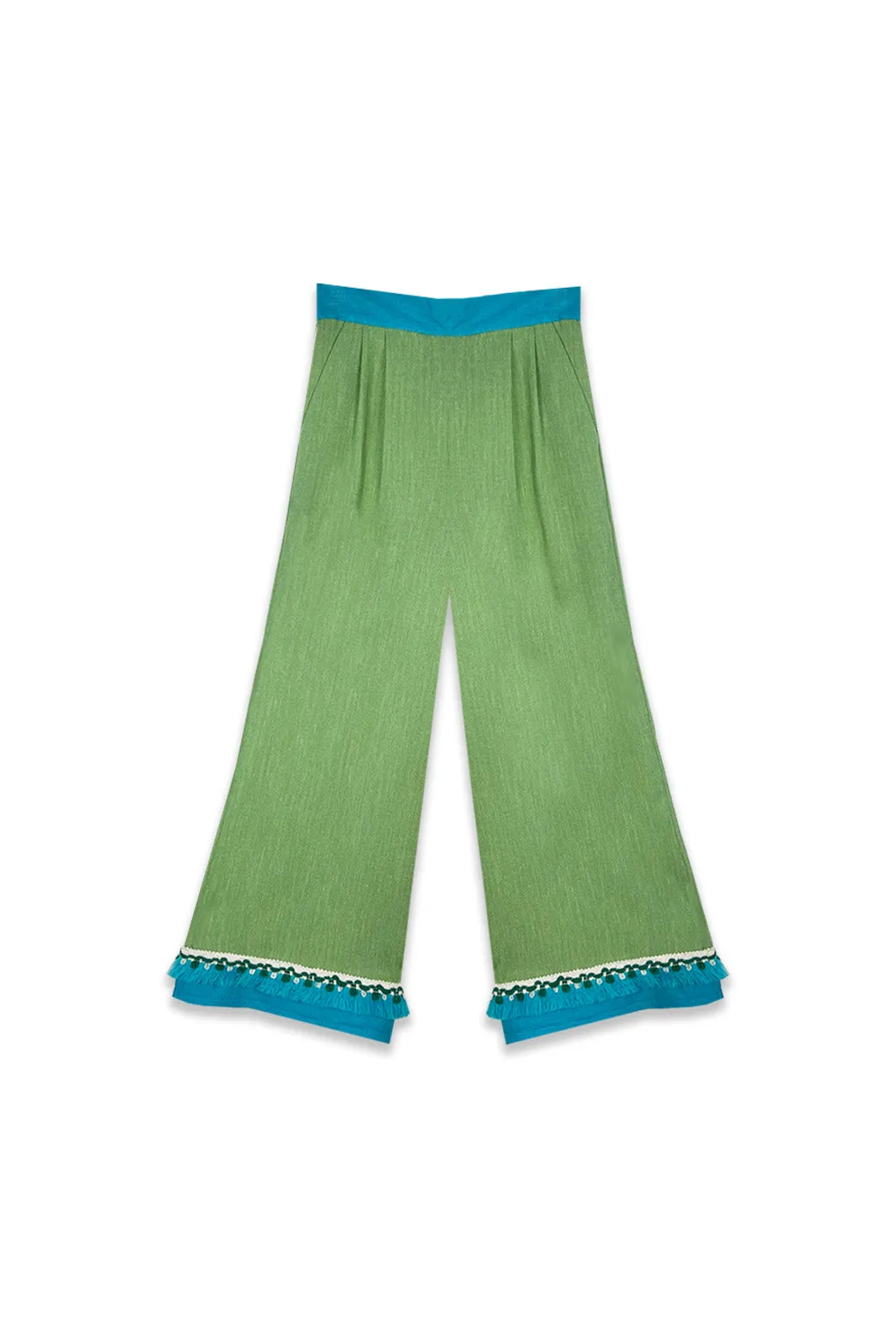 SAMPLE - BURU x Sarah Bray Bermuda Fringed Trousers  - Lime & Aqua