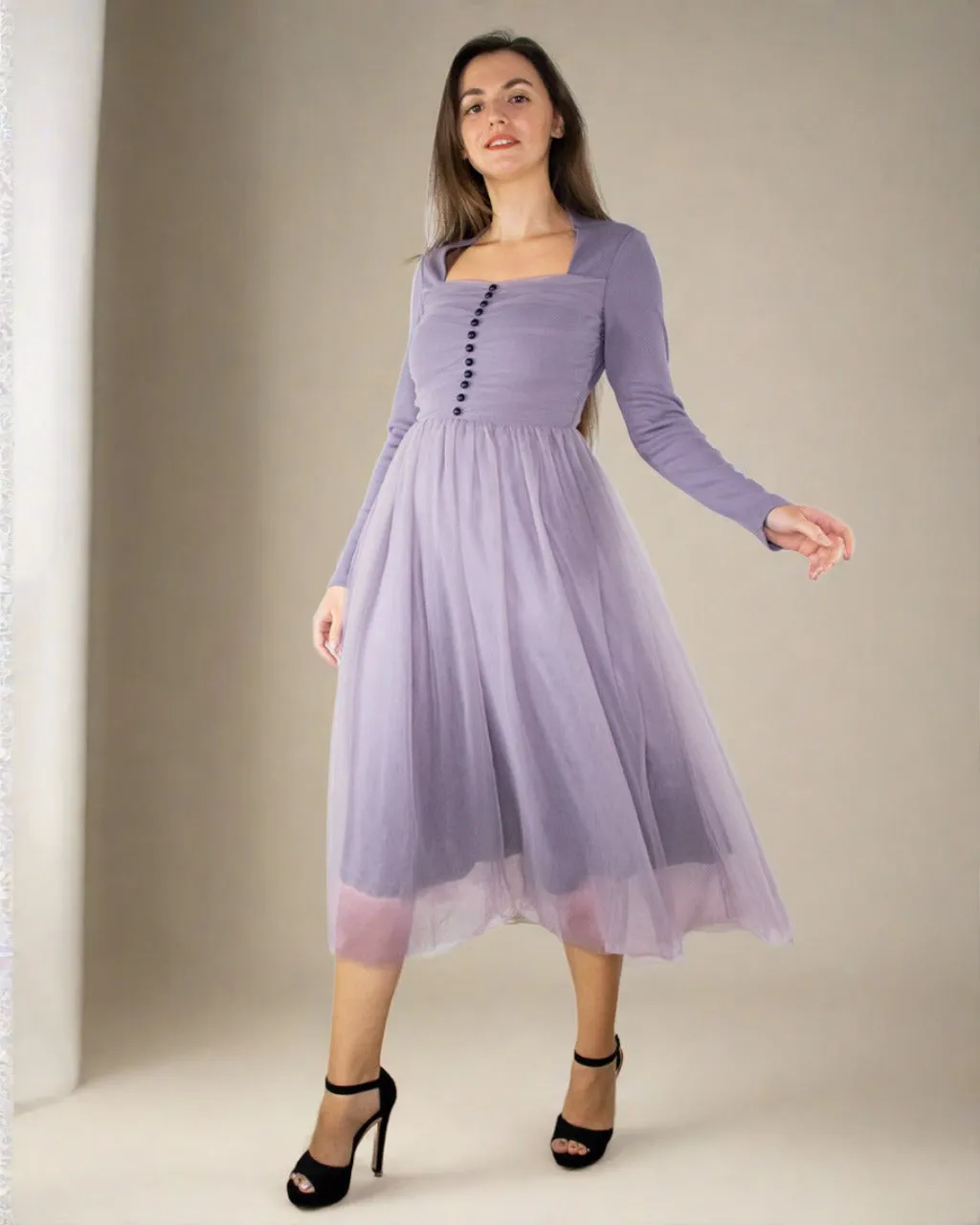 Violet Long Sleeve Cocktail Tulle Dress - Purple Bridesmaid Dress