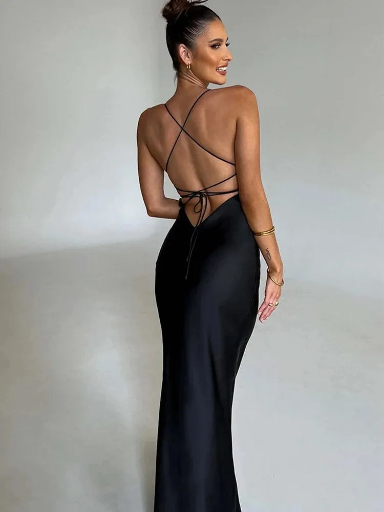 Women's Satin Backless Lace-Up Mermaid Slip Dress: Sexy Sweetheart Neck Slim Bodycon Elegant Silk Gown for Parties